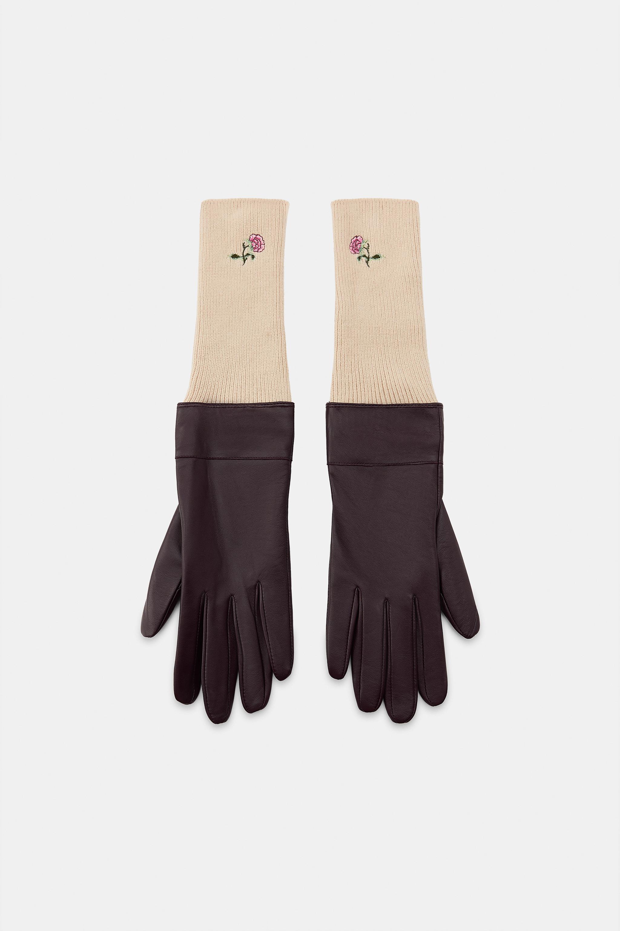 CONTRASTING LEATHER GLOVES WITH FLORAL EMBROIDERY